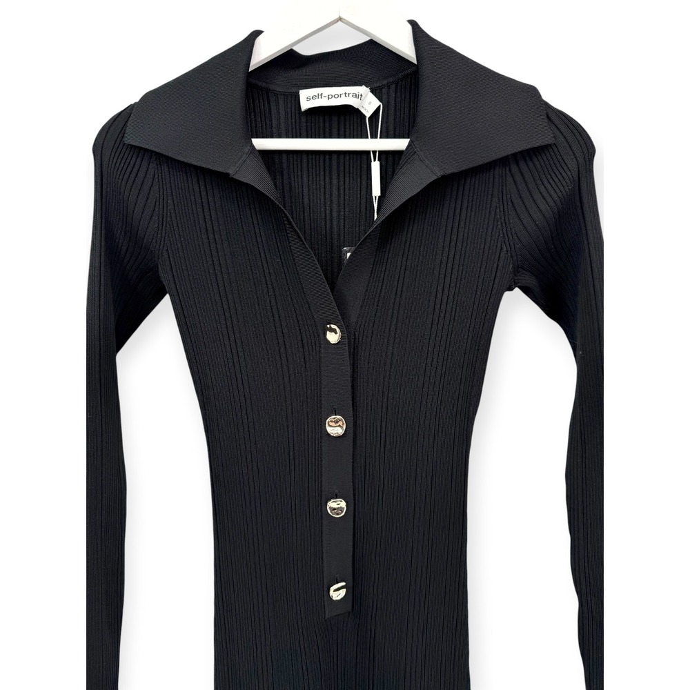 NWT Self-Portrait Black Ribbed Knit Fluted Midi Dress $555‎ - Size Small - Picture 9 of 16